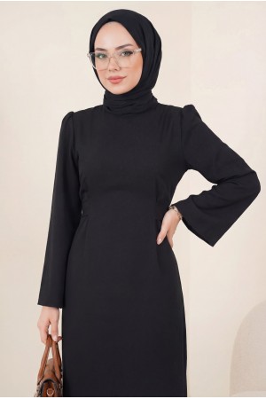 Hakim Yaka Belden Bağlamalı Elbise -Siyah