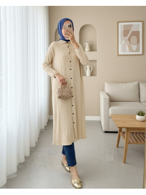 Boydan Düğmeli Kolu Lastikli Uzun Krinkıl Tunik   -Bej