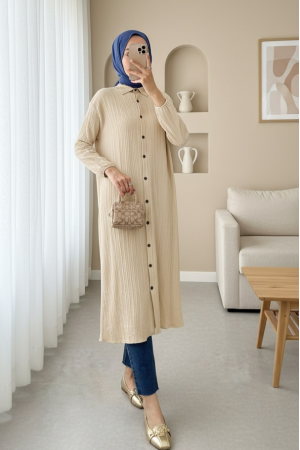 Boydan Düğmeli Kolu Lastikli Uzun Krinkıl Tunik   -Bej
