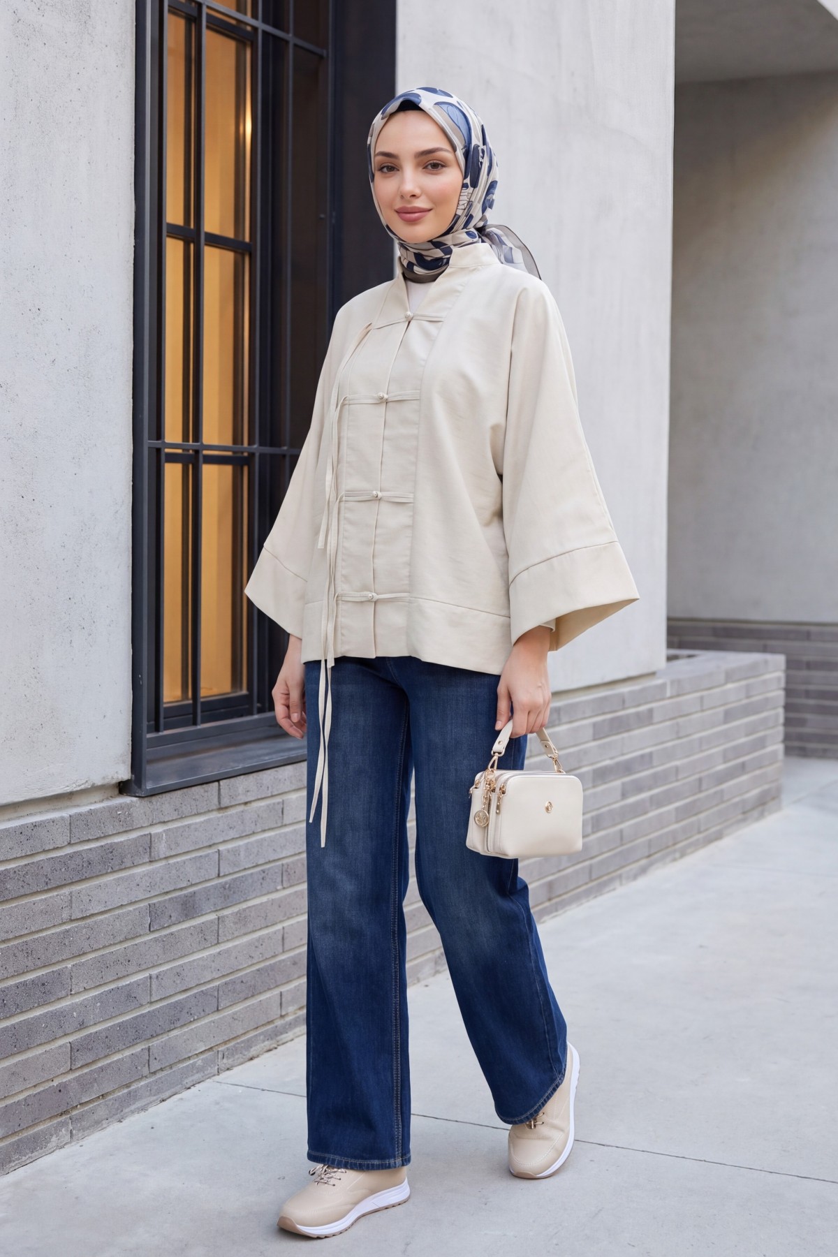 Chinese Knot Closure Mandarin Collar Parachute Kimono -Stone detay görseli