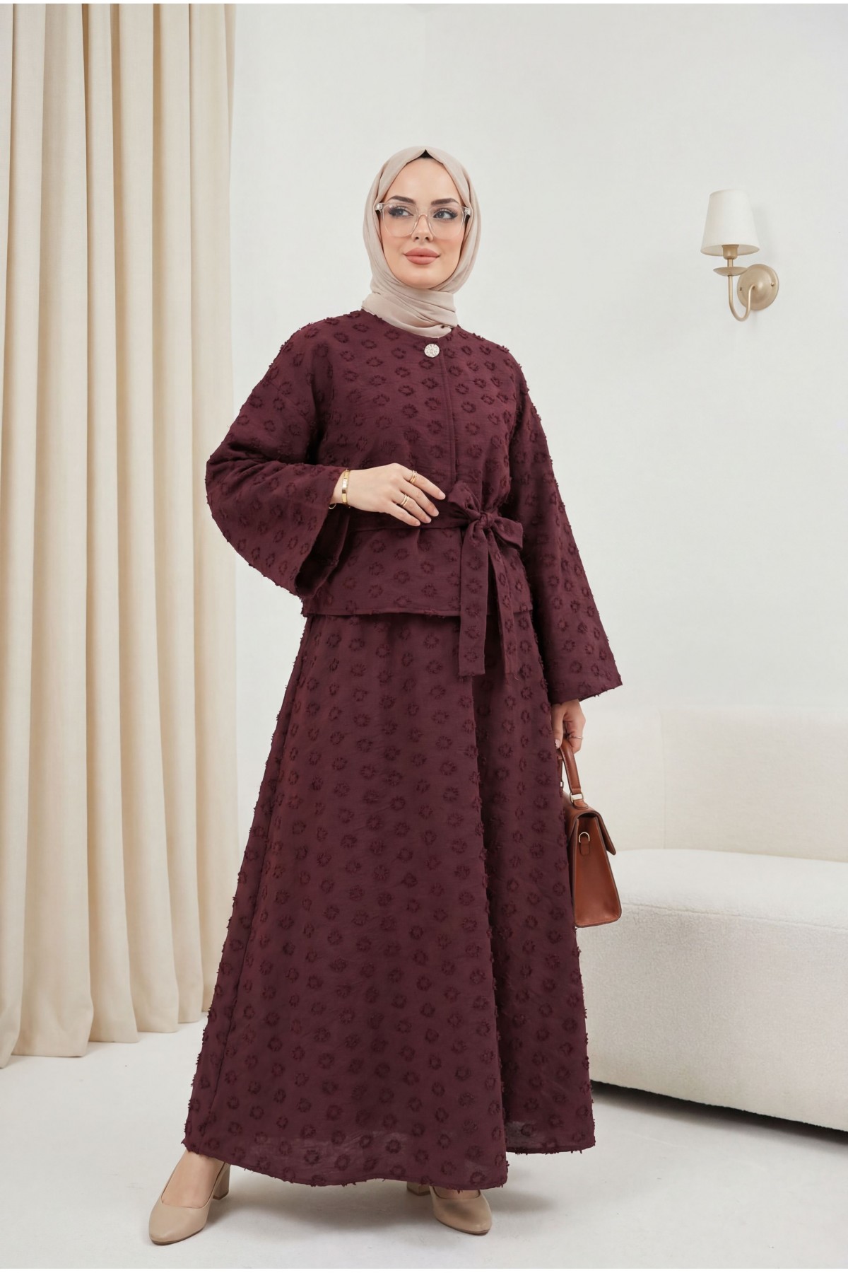 Single Button Embossed Embroidered Tie-Up Voile Crepe Set -Damson