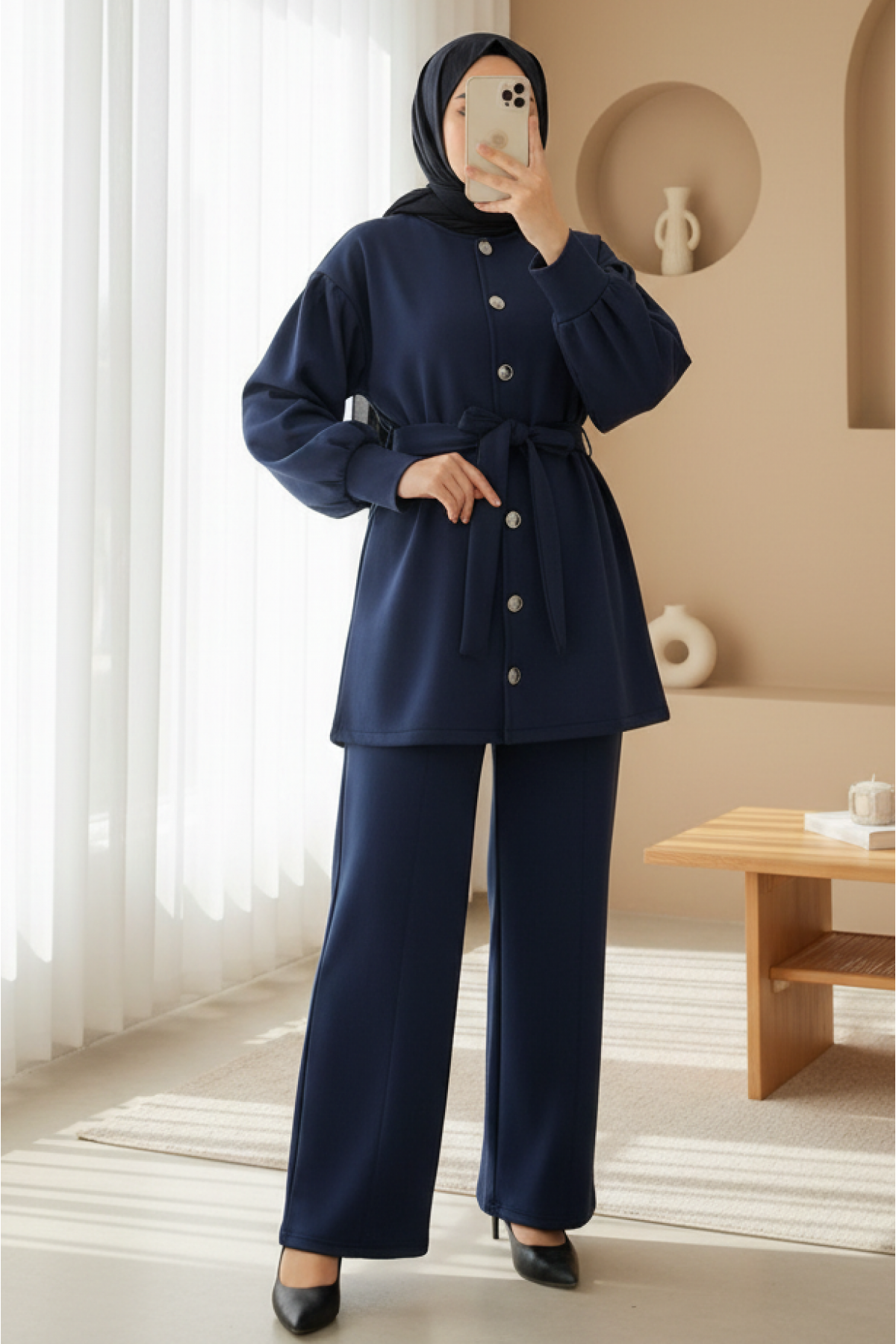 Scuba Suit with Belted Waist and Buttoned Front Trousers -Navy blue