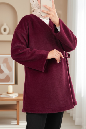 Side Tie Fur Jacket  -Maroon