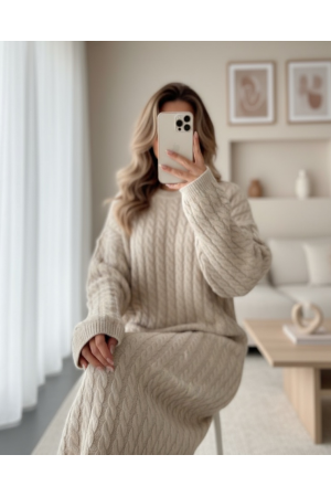 Saç Örgü Triko Elbise -Taş