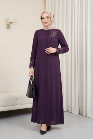 Büyük Beden Dantel Taş İşleme Detaylı Mürdüm Ferace