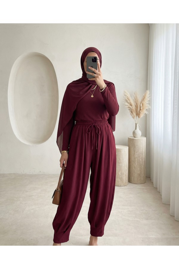 6591 Dokuma Şalvar Pantolon - Bordo