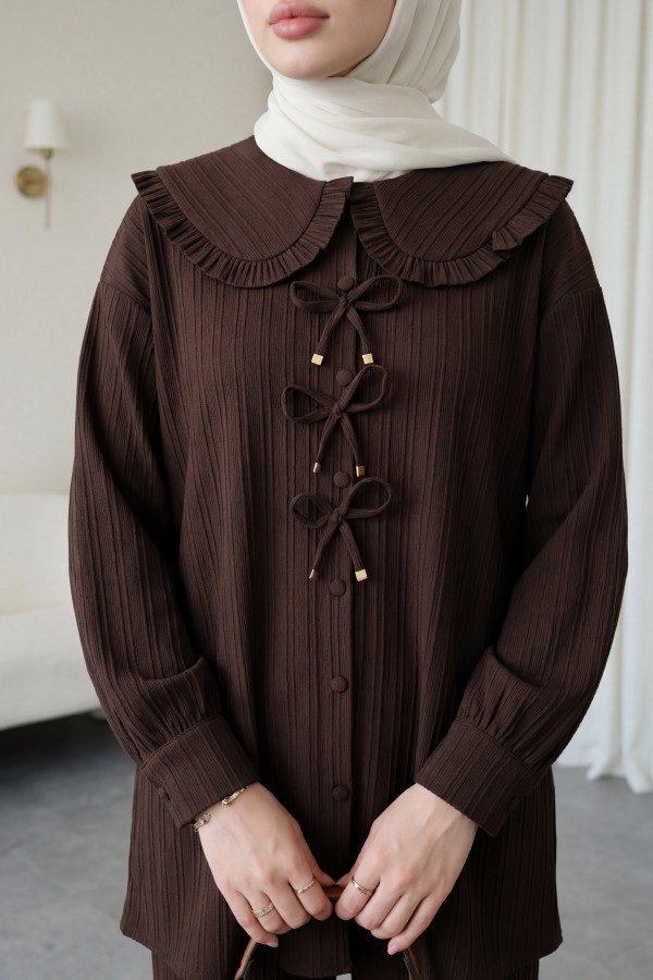 Buttoned Apron Collar Shirt with Ribbon Detail on the Front  -Brown