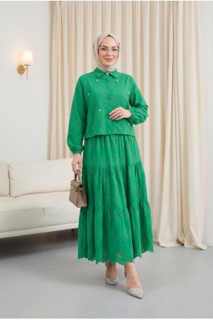 Fisto Detaylı Etekli Takım  -Yeşil