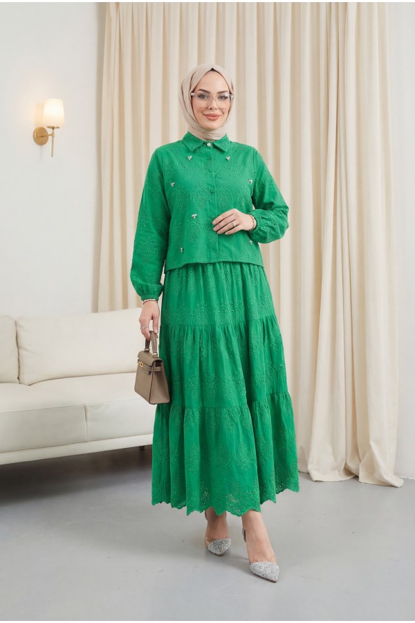 Skirted Suit with Scallop Detail  -Green