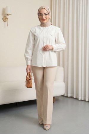 Bebe Yaka Dantel Detaylı Düğmeli Poplin Gömlek  -Ekru