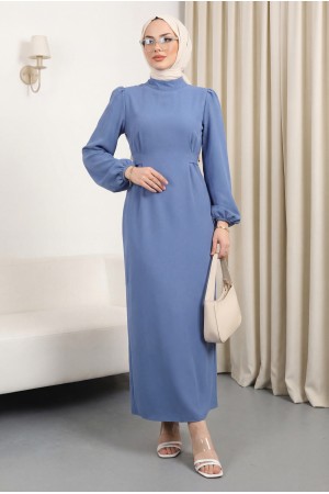 Hakim Yaka Belden Bağlamalı Elbise   -Mavi