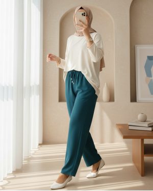 Çift Cepli Beli Lastikli Bağcık Detaylı Pantolon  -Zümrüt