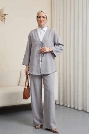 Önü Çift Bağlamalı Pantolonlu Kimono Takım    -Gri