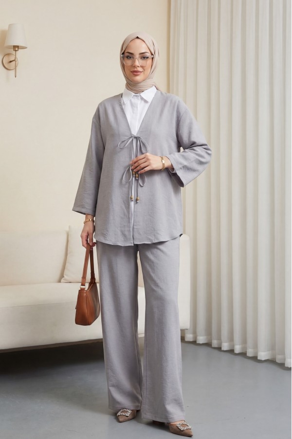 Önü Çift Bağlamalı Pantolonlu Kimono Takım    -Gri