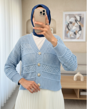 Openwork Buttoned Knitted Cardigan -Baby Blue