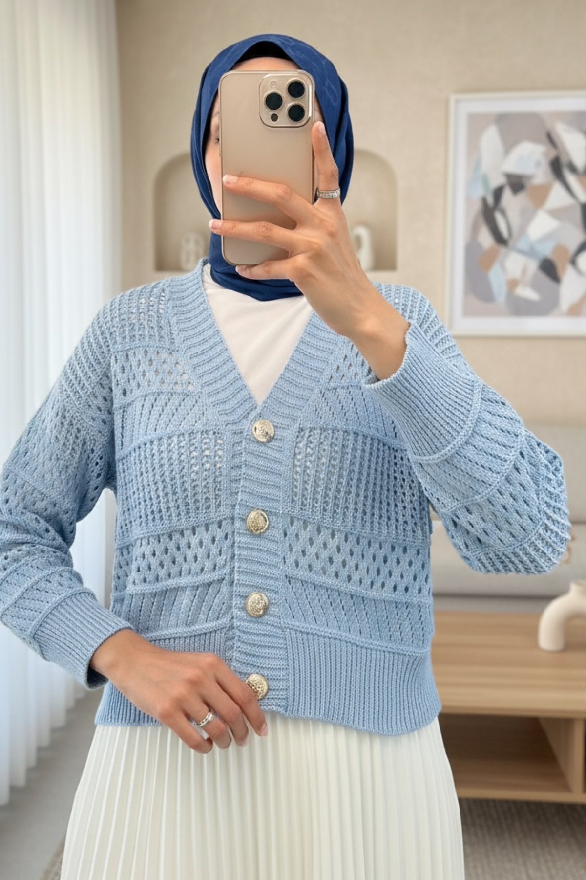 Openwork Buttoned Knitted Cardigan -Baby Blue