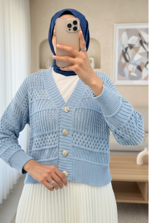 Ajurlu Düğmeli Triko Hırka -Bebe Mavi