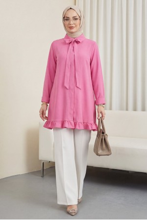 Eteği Fırfırlı Beli Bağcıklı Gizli Düğmeli Modal Tunik -Pembe