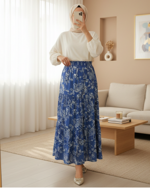 Kadın İndigo Desenli Uzun Viskon Etek 1898