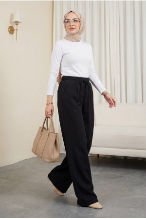 Beli Lastikli Cepli Bol Paça Kot Pantolon  -Siyah