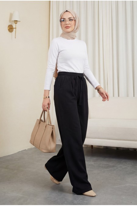Beli Lastikli Cepli Bol Paça Kot Pantolon  -Siyah