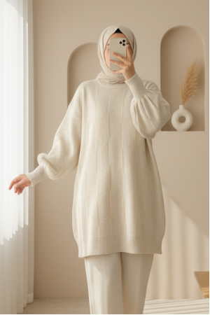 Round Neck Loose Patterned Knitwear Sweater -Ecru