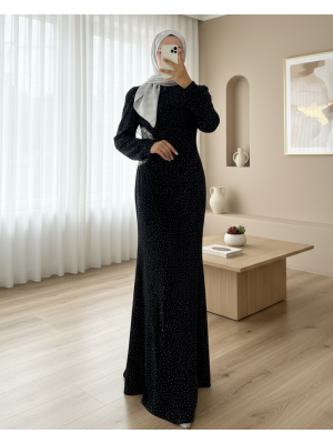 Draped Front Stoned Long Evening Dress -Black