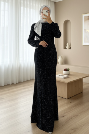 Önü Drapeli Taşlı Uzun Abiye -Siyah