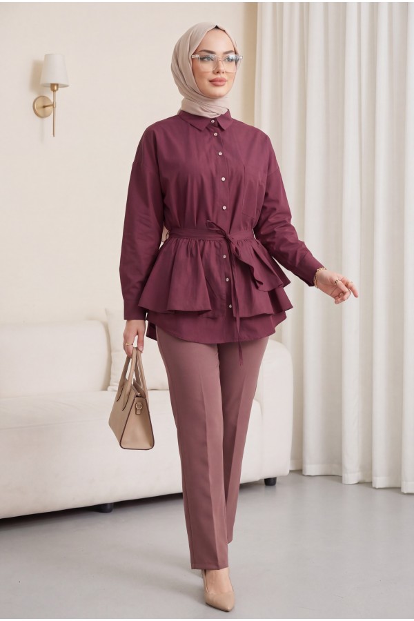 Pelerin Detaylı Düğmeli Oval Kesim Poplin Tunik -Mürdüm