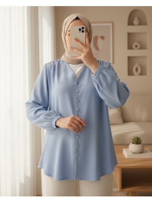 V Yaka Düğmeli Arkası Uzun Gömlek -Bebe Mavi