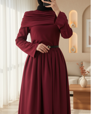 Poplin Skirt and Sendy Two Piece Pleated Dress -Maroon