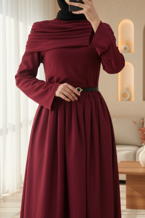 Poplin Skirt and Sendy Two Piece Pleated Dress -Maroon