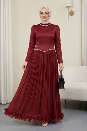 Üstü Saten Altı Janjan Şifon Taş Detaylı Volanlı Abiye  -Bordo