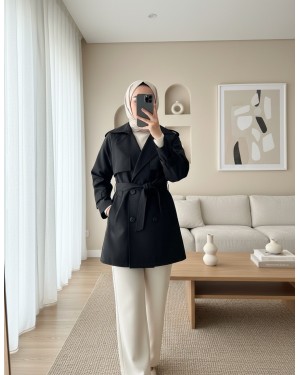 Kadın Kruvaze Yaka Kısa Trençkot 5980 - Siyah