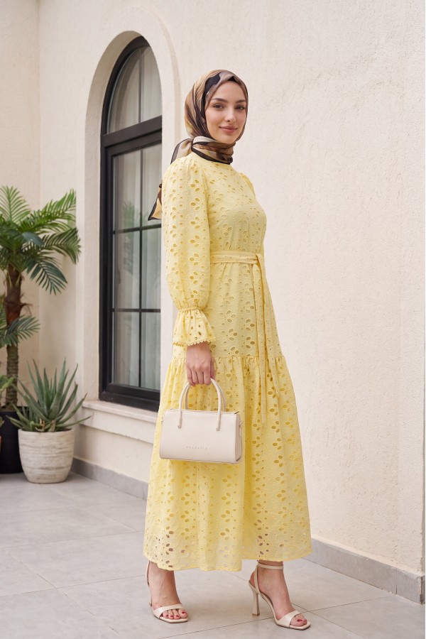 Crew Neck, Ruffled, Elasticated Sleeves, Lined Long Linen Dress -Yellow
