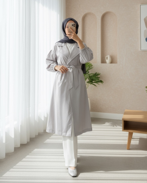 Kolu Lastikli Kemerli Astarlı Trençkot -Gri