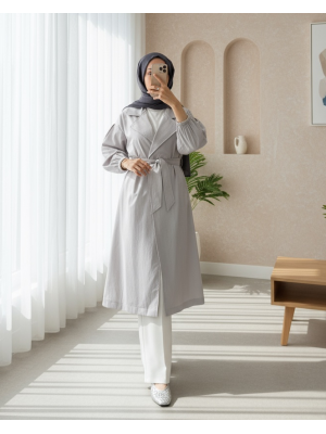 Kolu Lastikli Kemerli Astarlı Trençkot -Gri