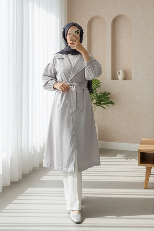 Belted Lined Trench Coat with Elastic Sleeves -Grey