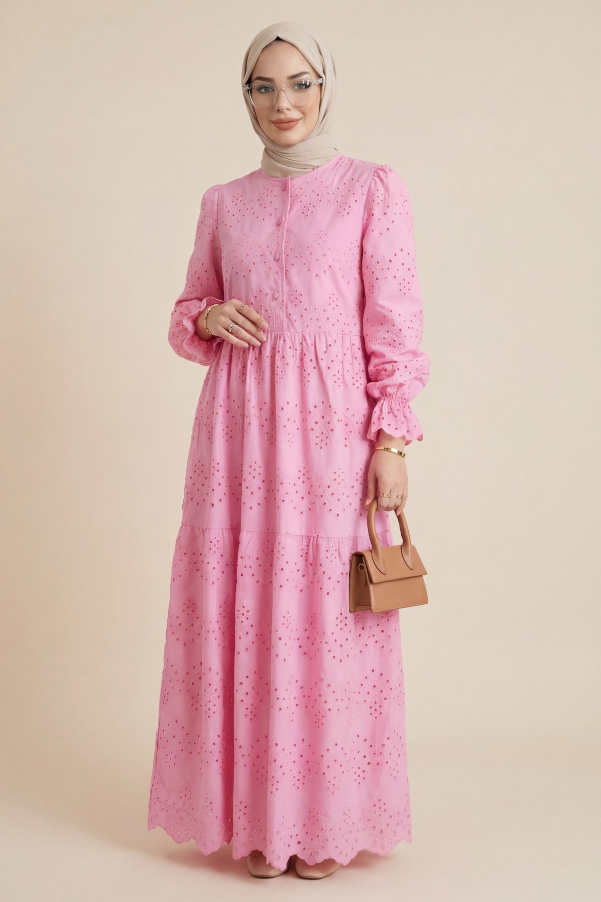 Half-Buttoned Lace Detail Waist Dress -Pink