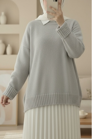 Crew Neck Skirted Ribbed Casual Knitwear Sweater   -Grey