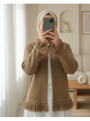 Tek Düğmeli Saçaklı Yumoş Triko Hırka  -Vizon