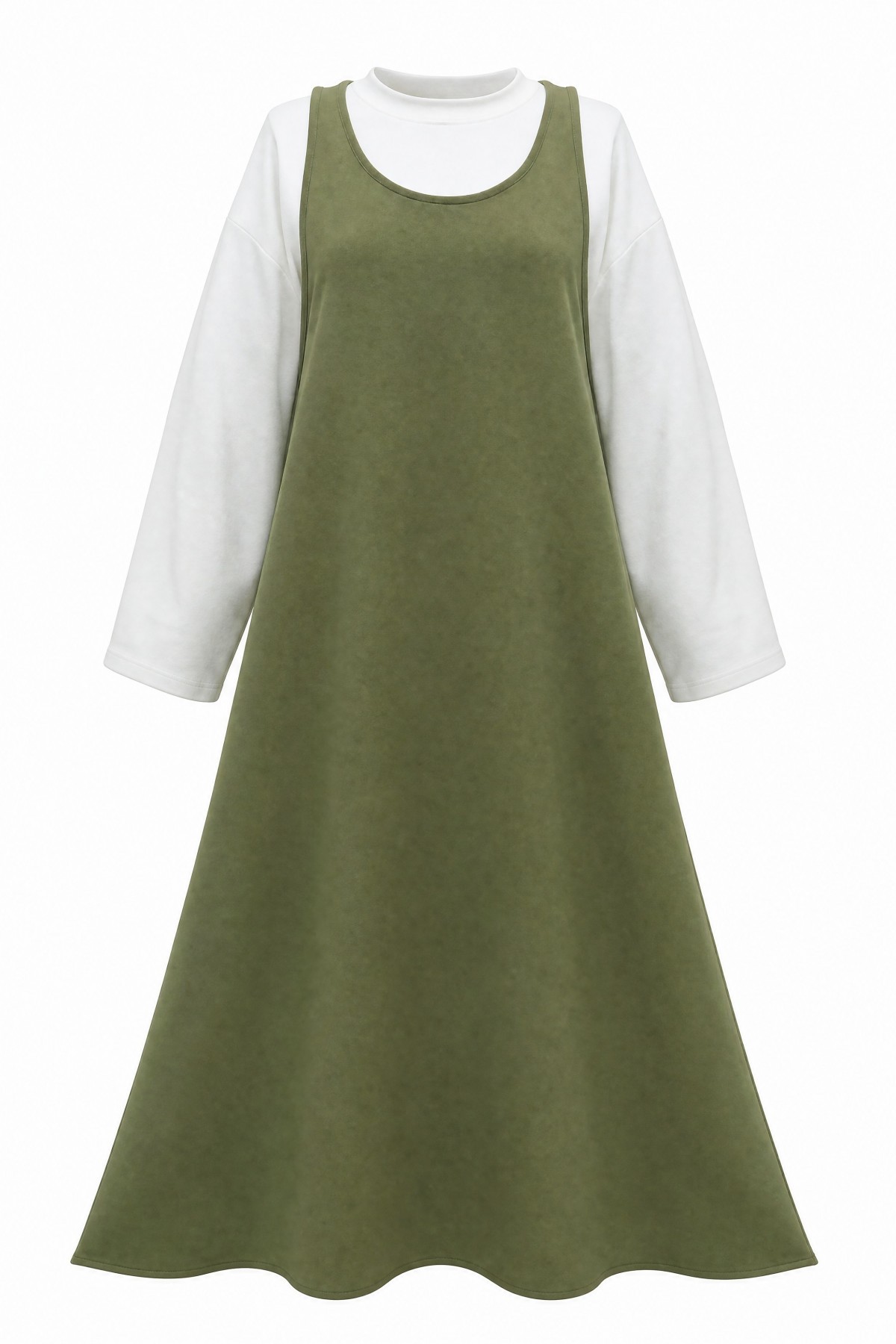 Stand-up collar long-sleeved blouse and double crepe vest set -Khaki