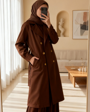 5853 Kruvaze Yaka Trençkot - Kahverengi