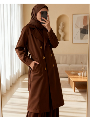 5853 Kruvaze Yaka Trençkot - Kahverengi