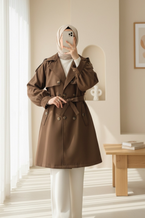 Omzu Apoletli Çift Düğmeli Bolerolu  Cepli Kemerli Trençkot   -Kahve