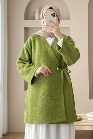 Yandan Bağlamalı Buklet Kimono   -Yağ Yeşili