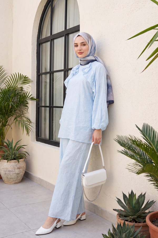Crew Neck, Front Ruffled, Lined, Elasticated Sleeve Voile Set -Baby Blue
