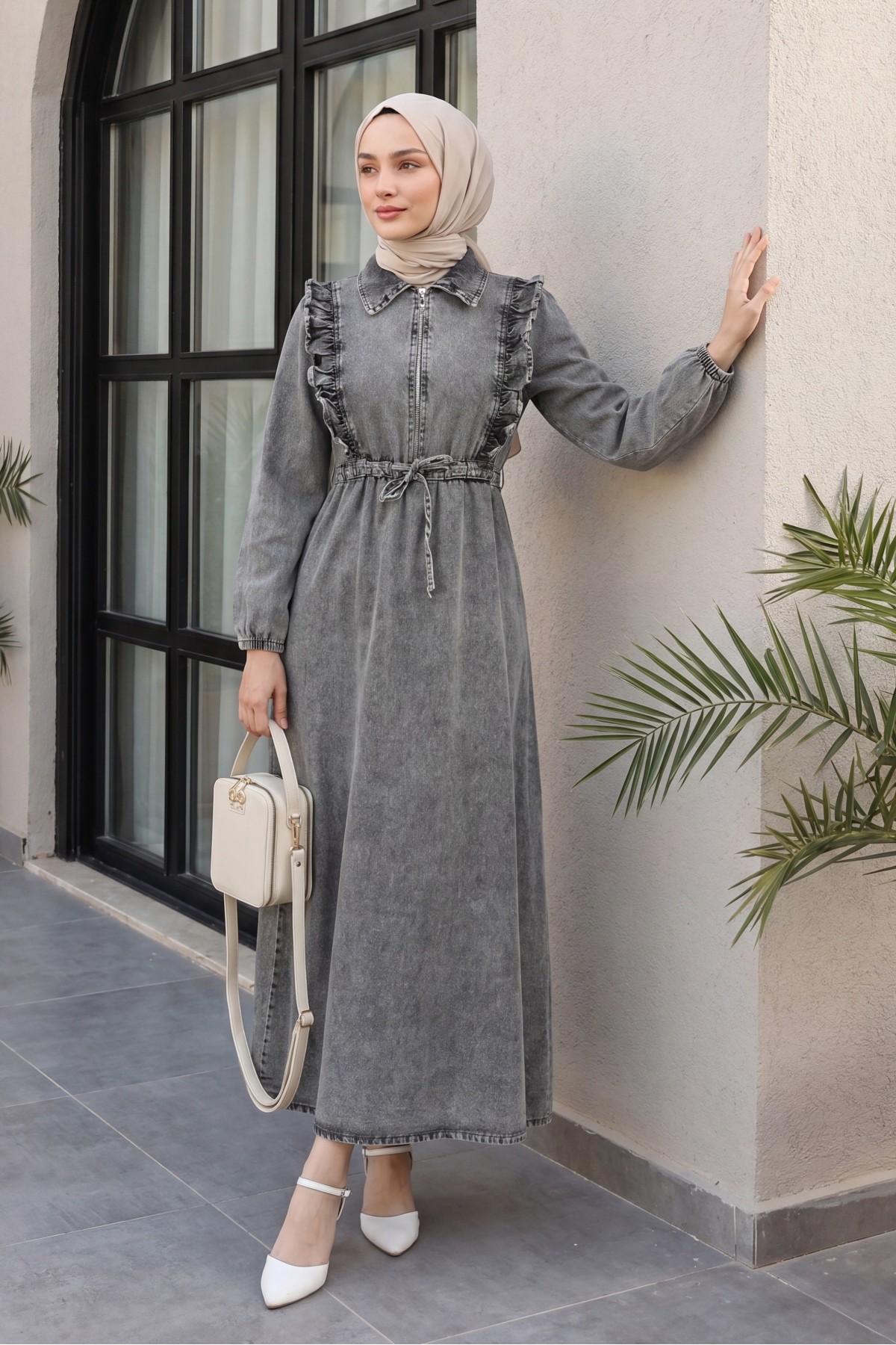 Ruffled Ruffle Waist Smocked Denim Dress  -Smoked 