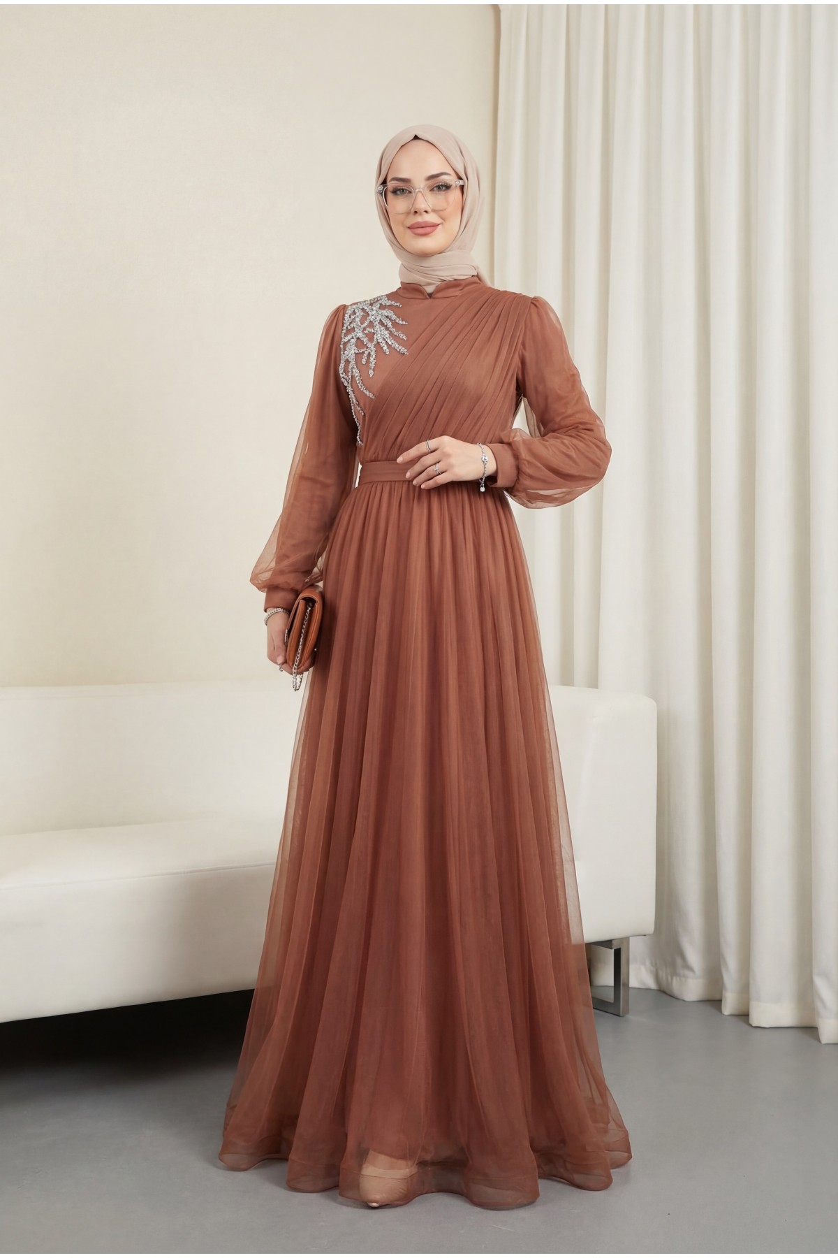 Stone Detailed Draped Belt Tulle Evening Dress -Cinnamon