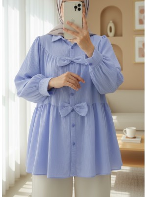 Önü Fiyonk Detaylı Parçalı Gömlek -Bebe Mavi